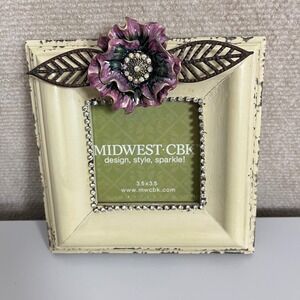 Midwest CBK Jeweled Photo Frame Cream Flower Accent 3.5x3.5 Shabby Chic Decor‎